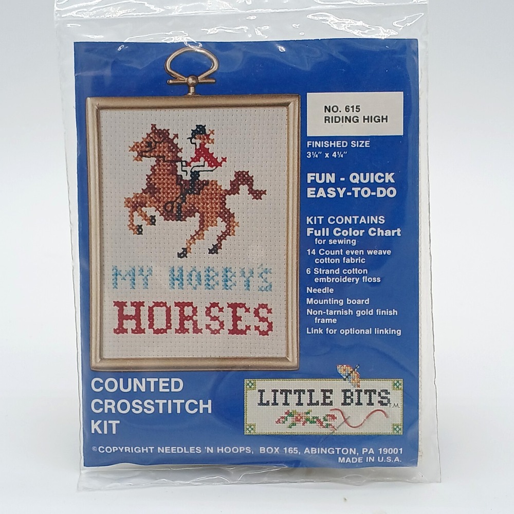 Needles N Hoops Little Bits Counted Cross Stitch Kit Riding High Horses #615 VTG